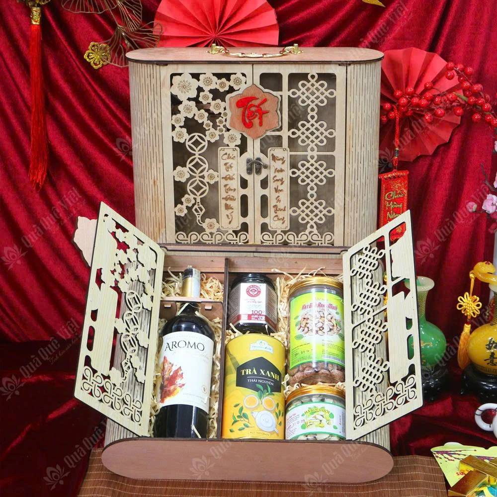 Mẫu hộp quà Tết - Hộp gỗ tự nhiên cao cấp quà Tết doanh nghiệp